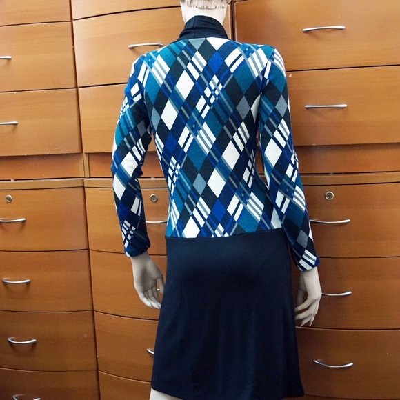Work Ready Long Sleeve Dress with Cowl Neck and Zip Pockets in Blue Plaid Print - Picture 6 of 9